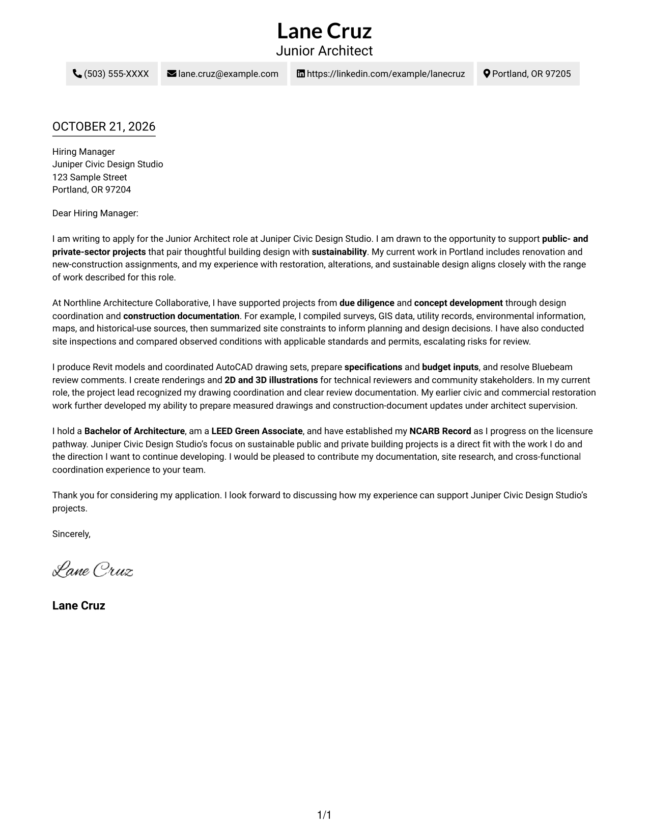 Cover letter example — page 1