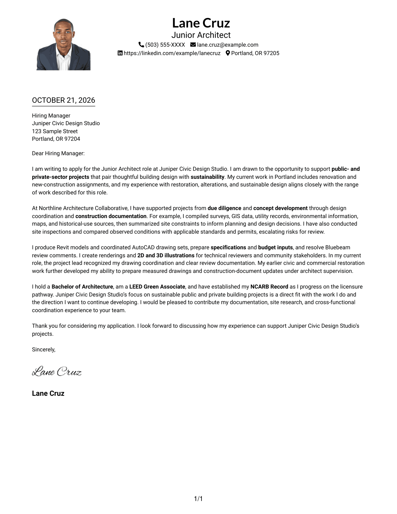 Cover letter example — page 1