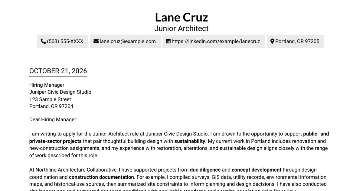 7 Junior Architect - Sustainable Building Design Cover Letter Templates with Example