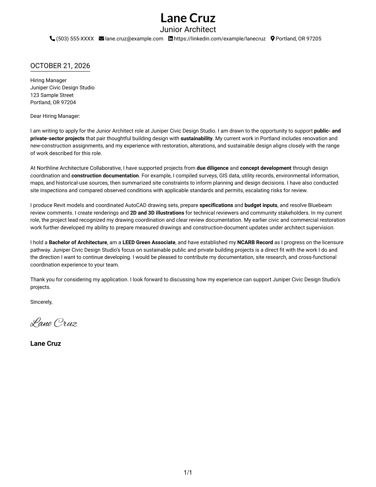 Cover letter example — page 1