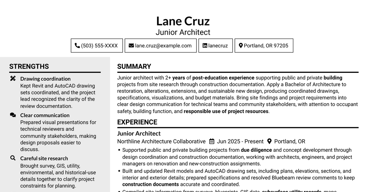 7 Junior Architect - Sustainable Building Design Resume Templates with Example