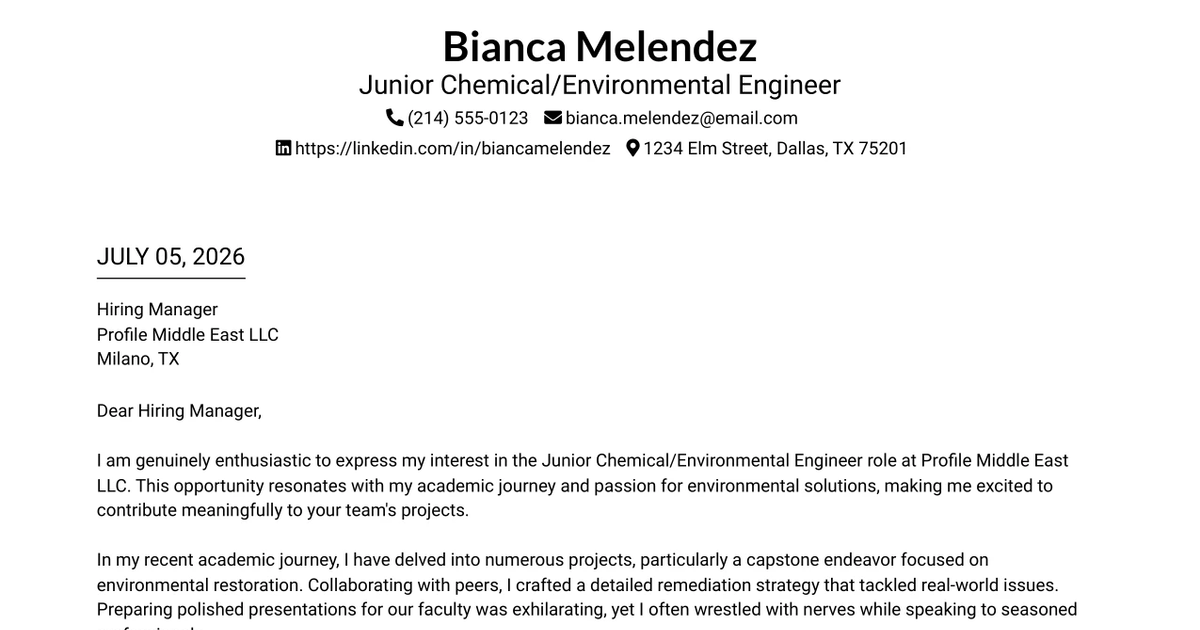 30+ Junior Chemical/Environmental Engineer Cover Letter Templates with Example 2026