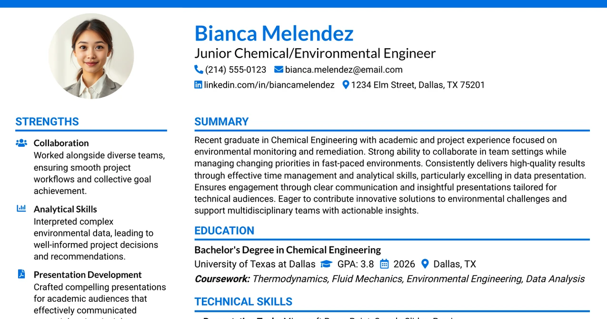 33 Junior Chemical/Environmental Engineer Resume Templates with Example 2026 (ATS-Optimized)