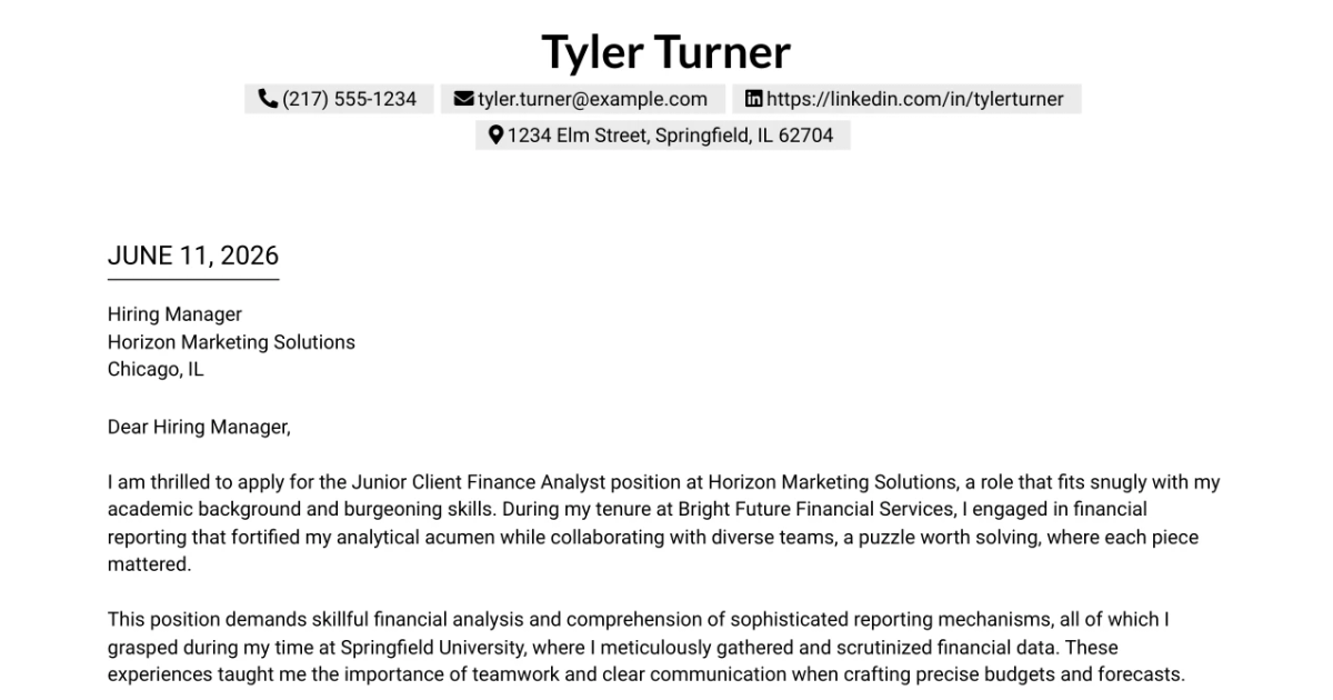 30+ Junior Client Finance Analyst Cover Letter Templates with Example 2026