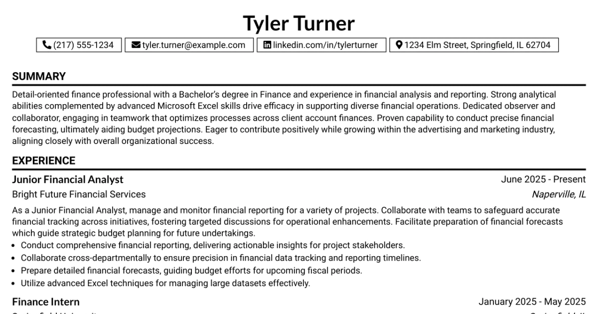 33 Junior Client Finance Analyst Resume Templates with Example 2026 (ATS-Optimized)
