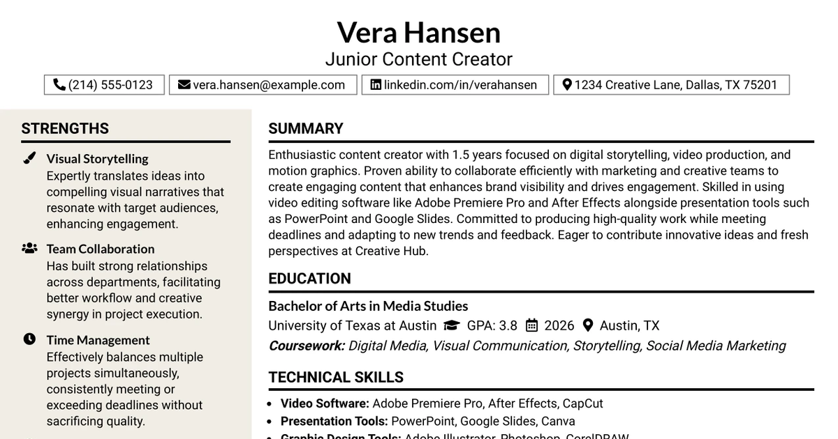 33 Junior Content Creator Resume Templates with Example 2026 (ATS-Optimized)