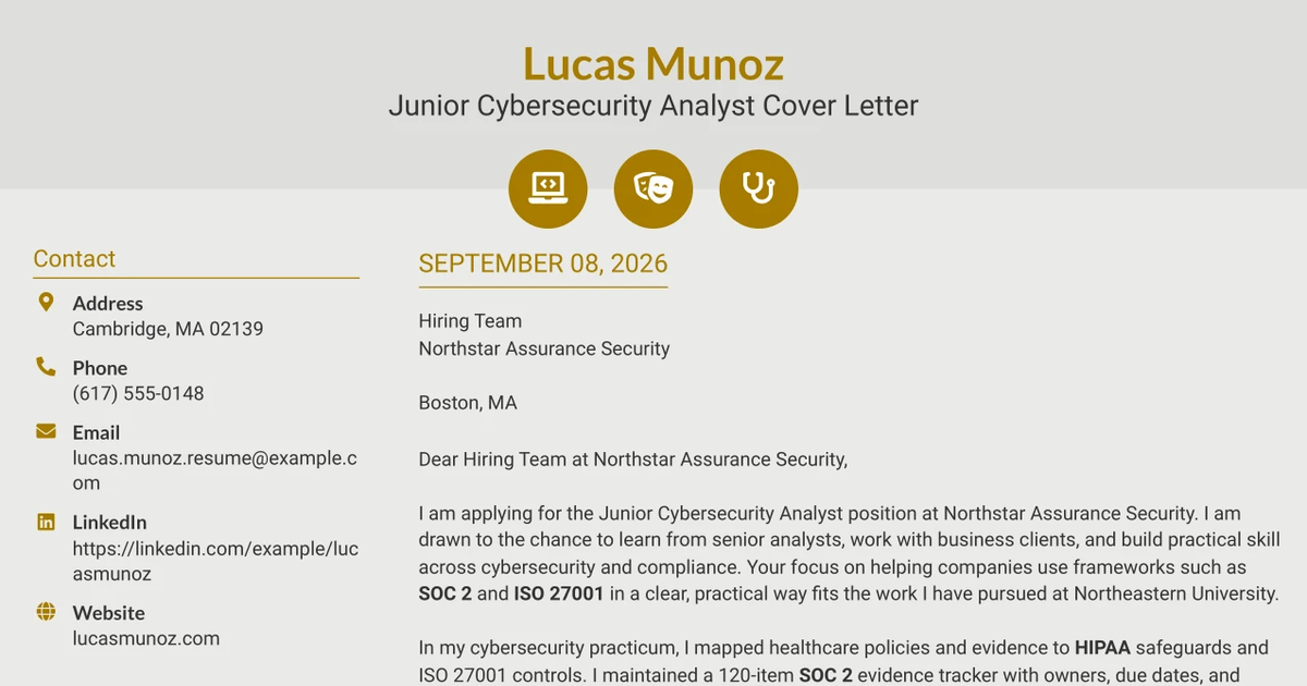 30+ Junior Cybersecurity Analyst Cover Letter Templates with Example 2026
