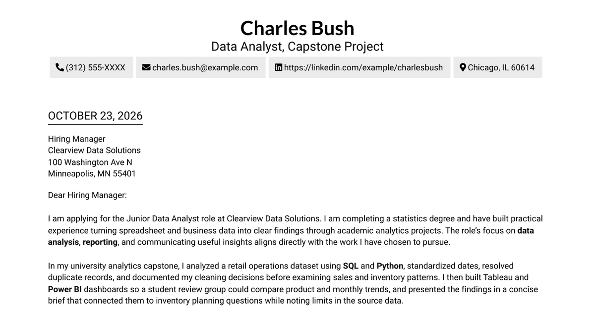 7 Junior Data Analyst - Reporting and Data Visualization Cover Letter Templates with Example