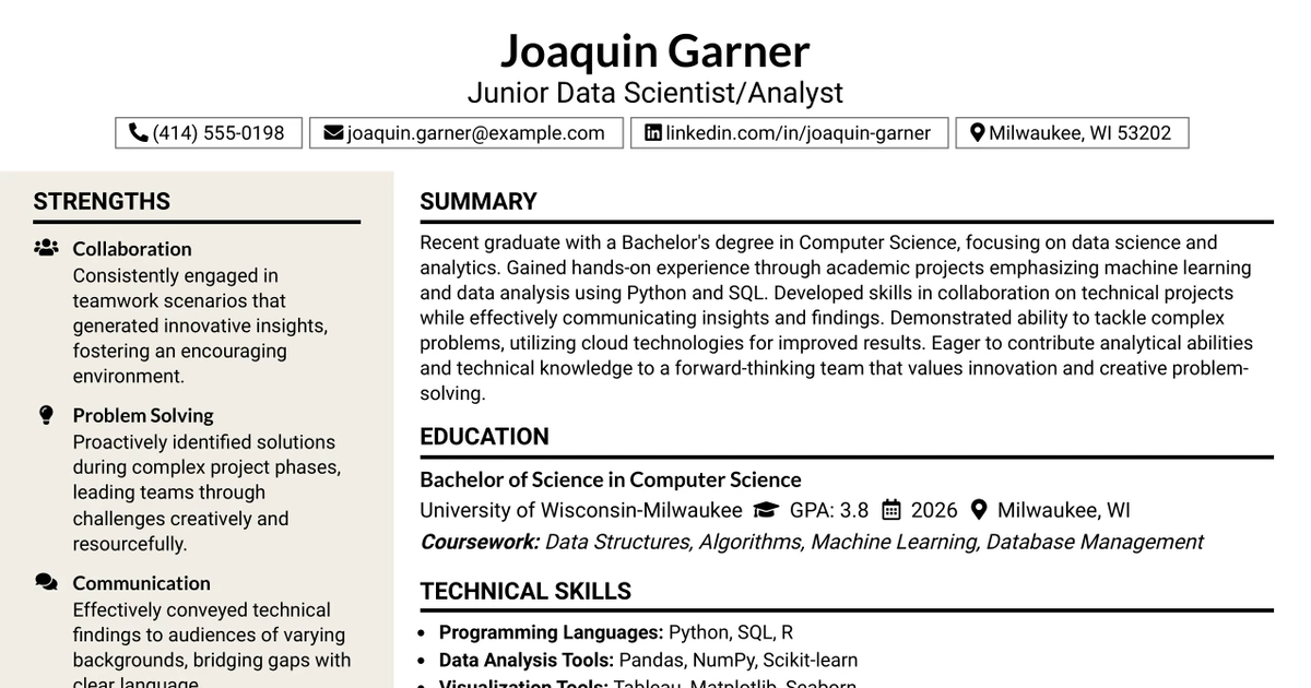 33 Junior Data Scientist/Analyst Resume Templates with Example 2026 (ATS-Optimized)