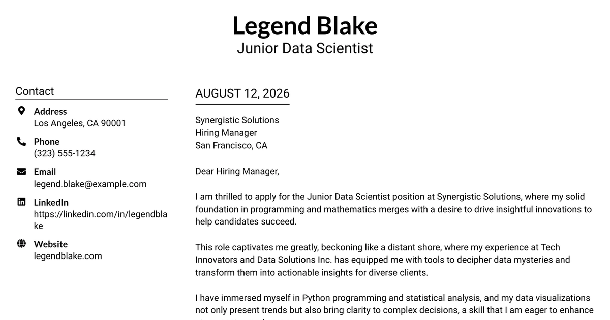 30+ Junior Data Scientist Cover Letter Templates with Example 2026