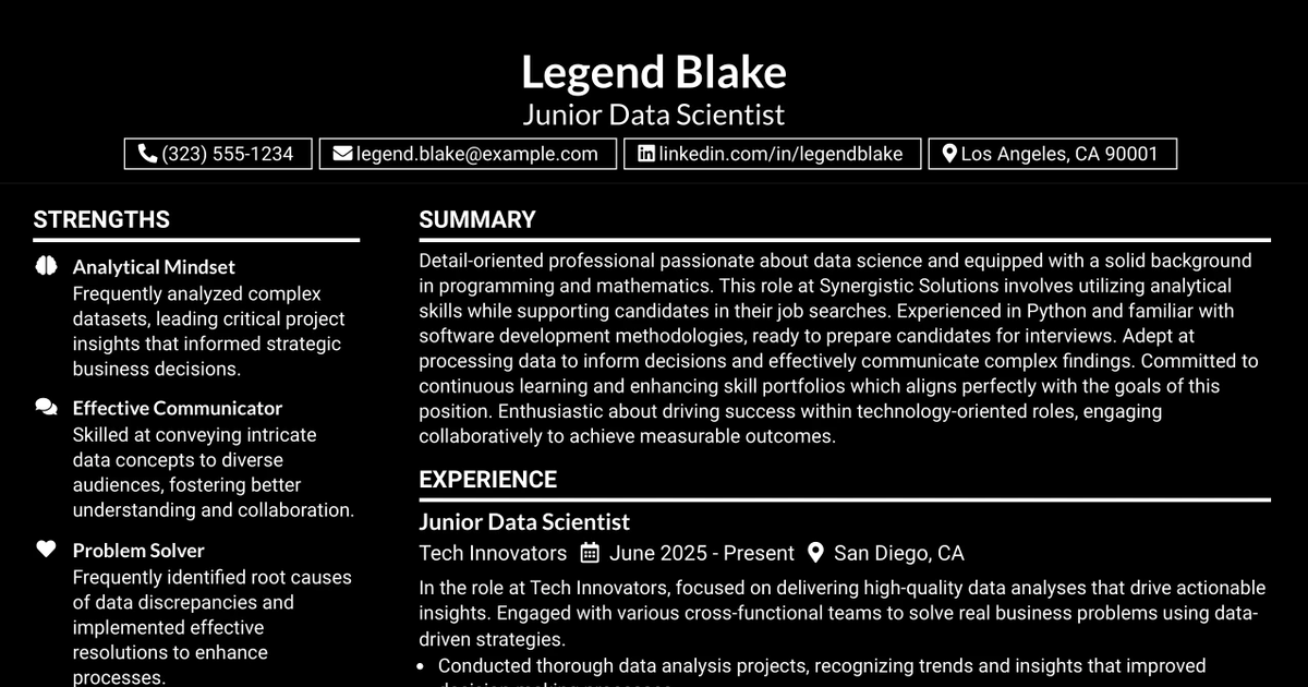 33 Junior Data Scientist Resume Templates with Example 2026 (ATS-Optimized)