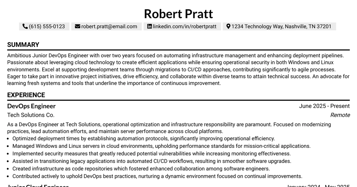 33 Junior DevOps Engineer Resume Templates with Example 2026 (ATS-Optimized)