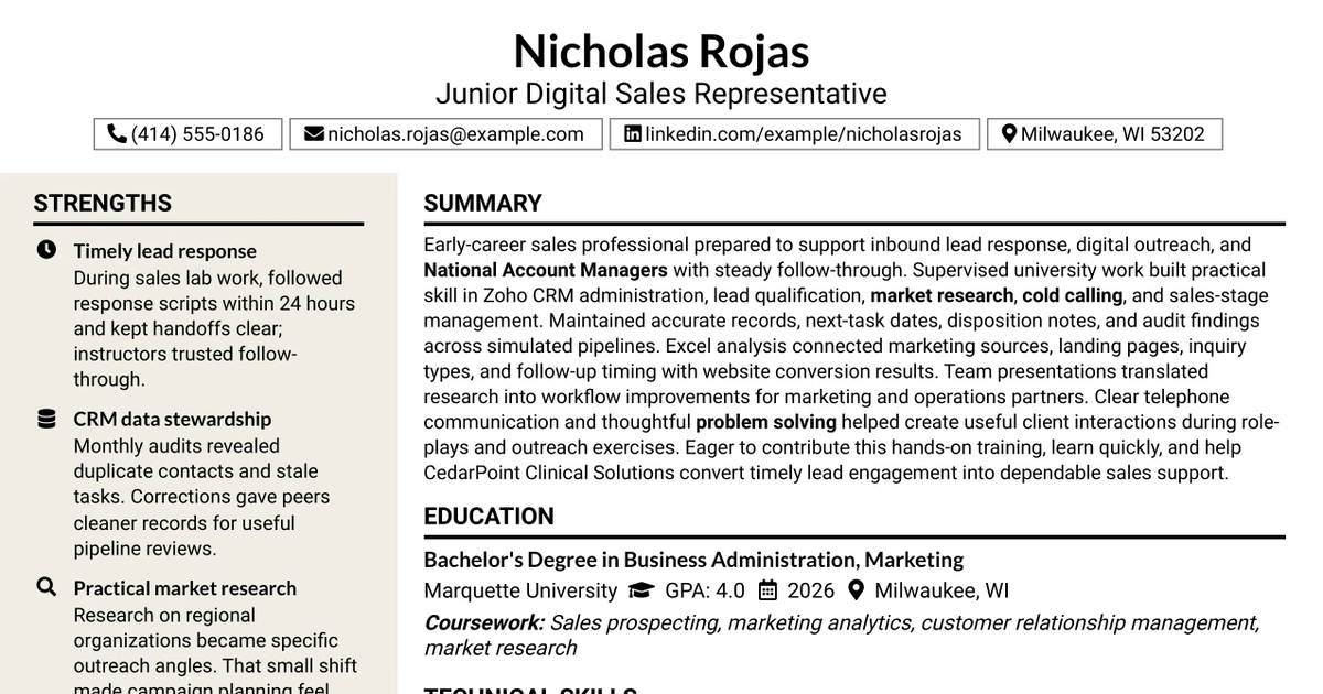 33 Junior Digital Sales Representative Resume Templates with Example 2026 (ATS-Optimized)