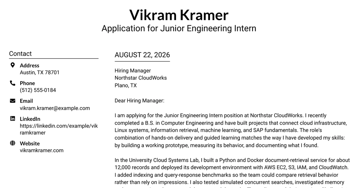 30+ Junior Engineering Intern Cover Letter Templates with Example 2026