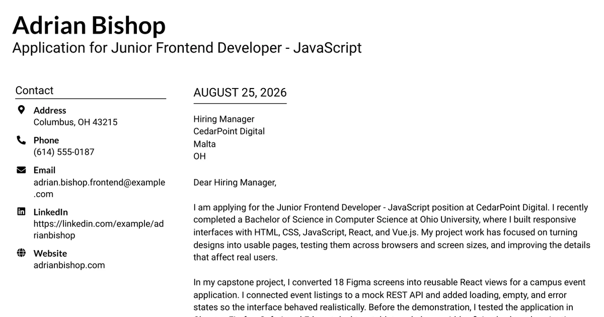 30+ Junior Frontend Developer - JavaScript Cover Letter Templates with Example 2026