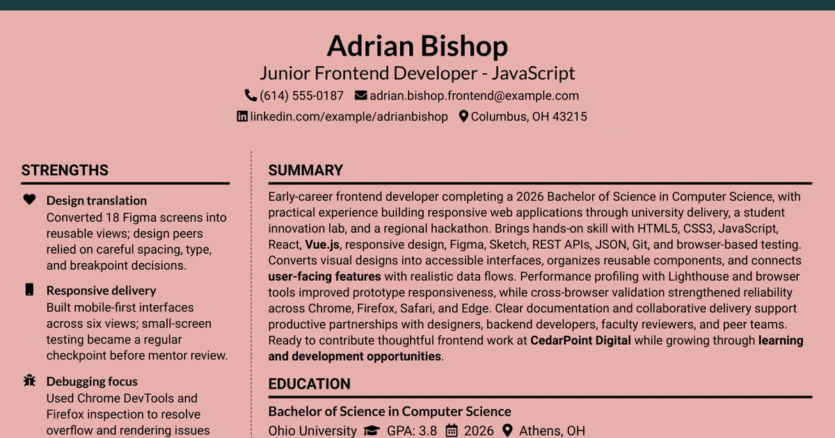 33 Junior Frontend Developer - JavaScript Resume Templates with Example 2026 (ATS-Optimized)