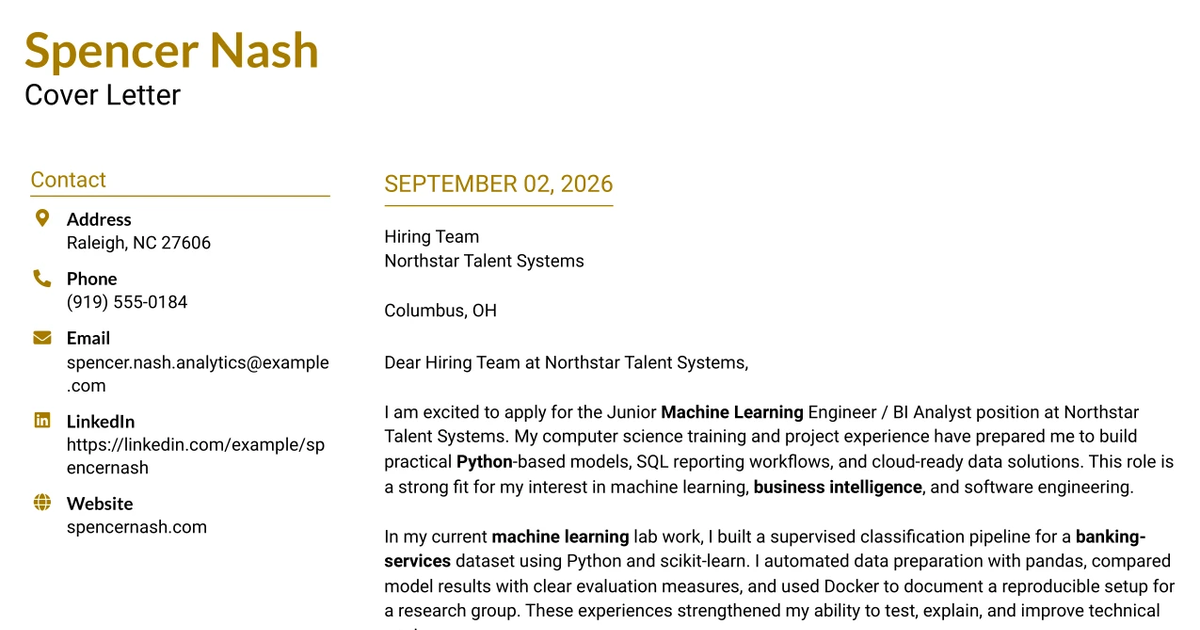 30+ Junior Machine Learning Engineer / BI Analyst – Junior Level (Remote) Cover Letter Templates with Example 2026