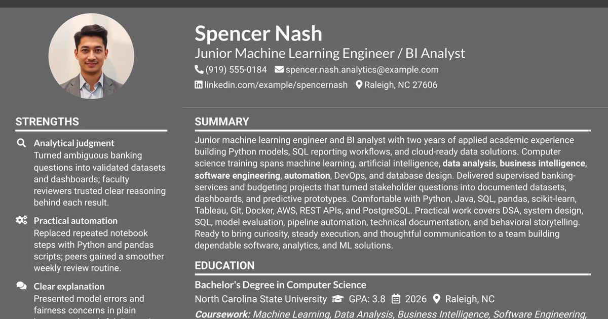 33 Junior Machine Learning Engineer / BI Analyst – Junior Level (Remote) Resume Templates with Example 2026 (ATS-Optimized)