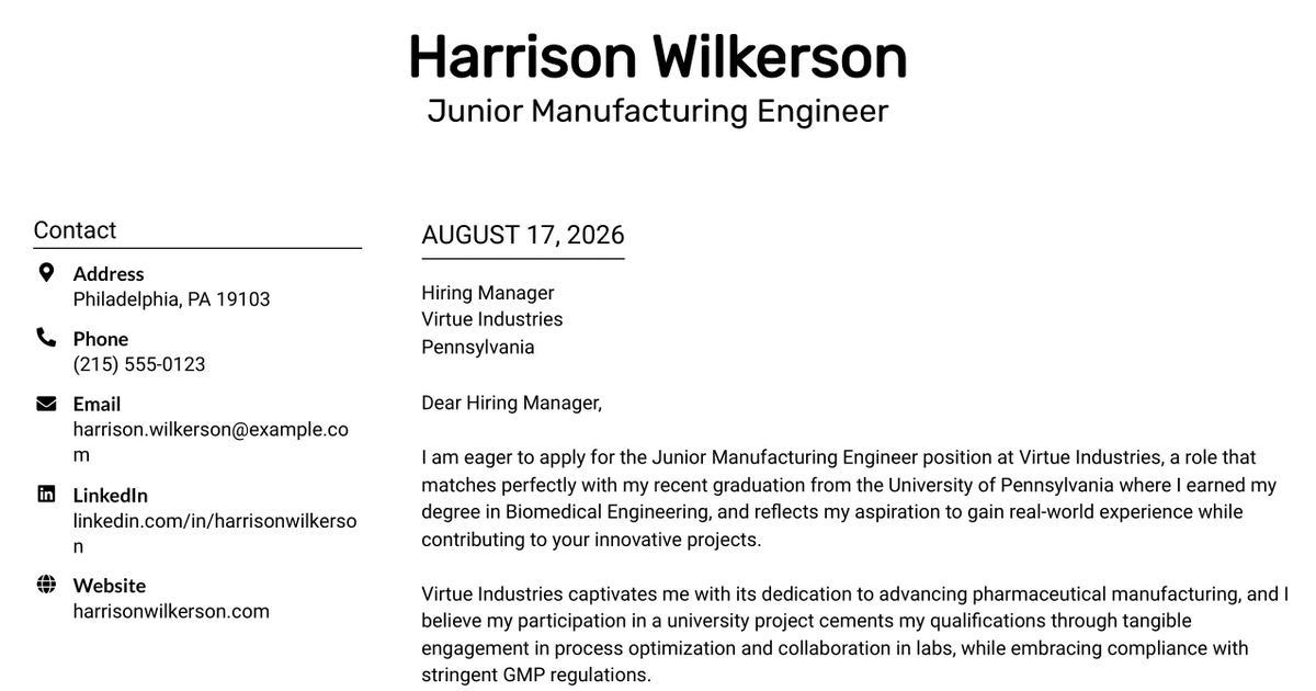 30+ Junior Manufacturing Engineer Cover Letter Templates with Example 2026