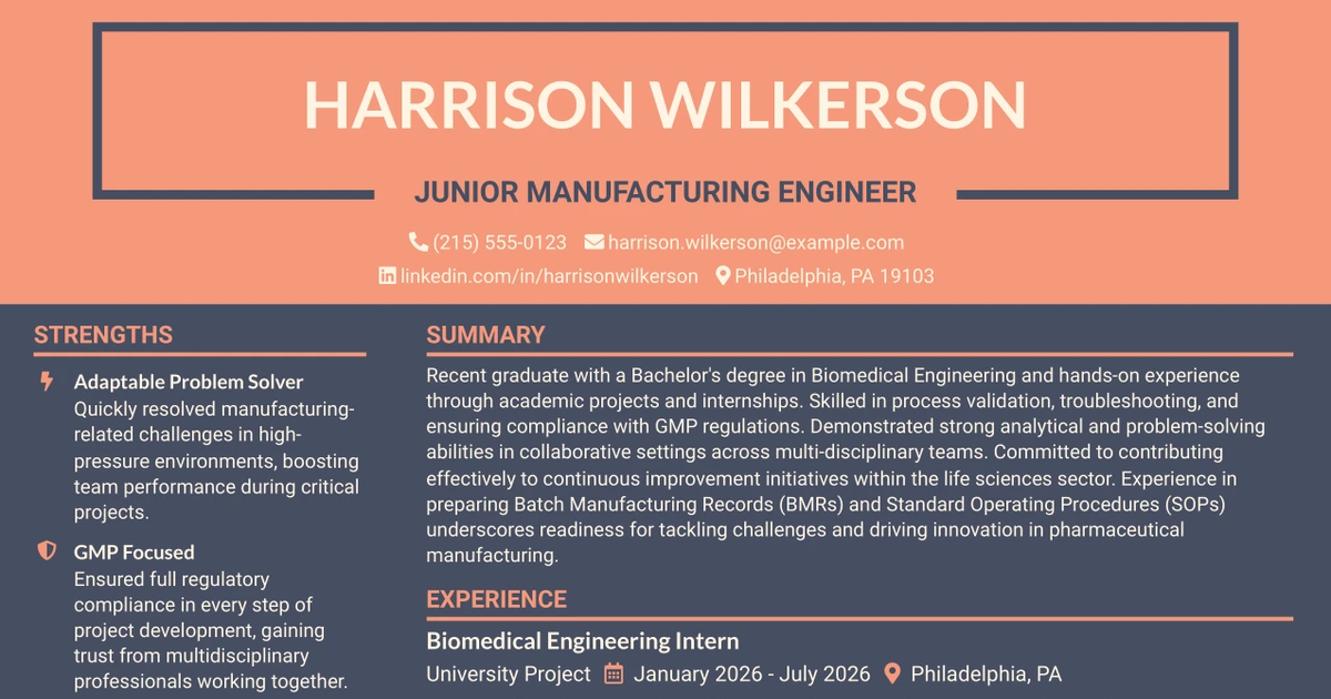 33 Junior Manufacturing Engineer Resume Templates with Example 2026 (ATS-Optimized)