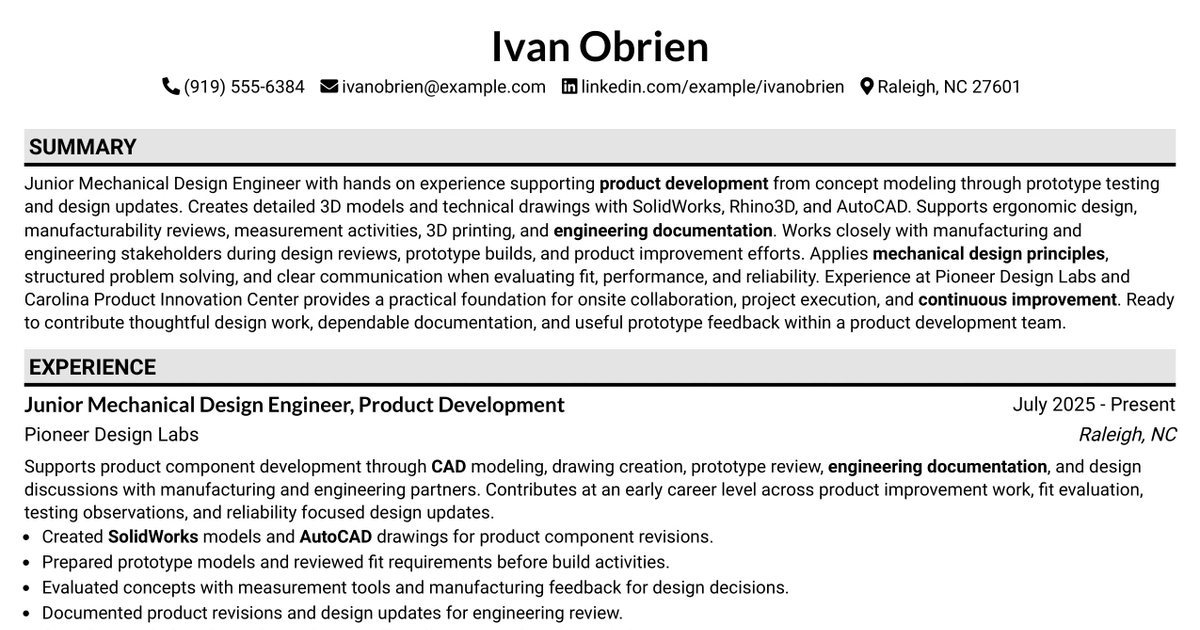 33 Junior Mechanical Design Engineer - Product Design Resume Templates with Example 2026 (ATS-Optimized)