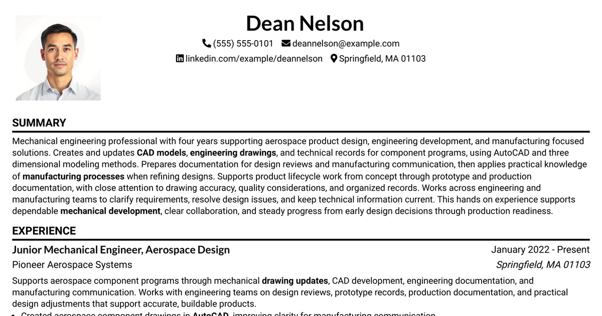 33 Junior Mechanical Engineer - Aerospace Design Resume Templates with Example 2026 (ATS-Optimized)