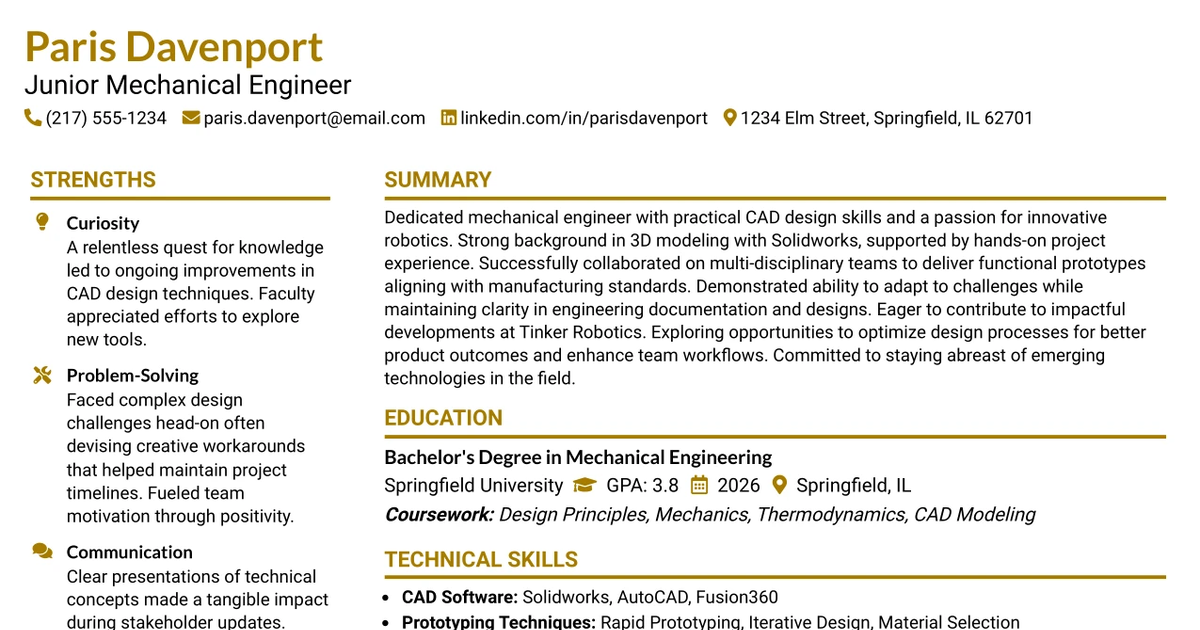 33 Junior Mechanical Engineer Resume Templates with Example 2026 (ATS-Optimized)