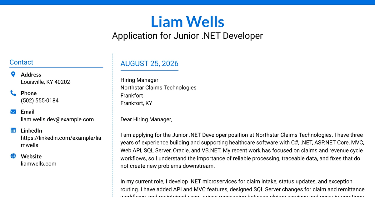 30+ Junior .NET Developer Cover Letter Templates with Example 2026