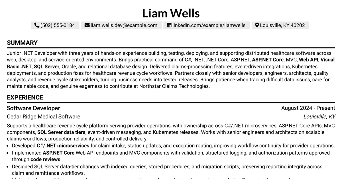 33 Junior .NET Developer Resume Templates with Example 2026 (ATS-Optimized)