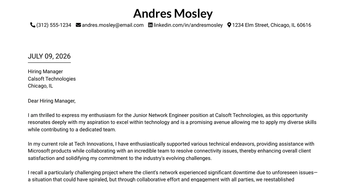 30+ Junior Network Engineer Cover Letter Templates with Example 2026