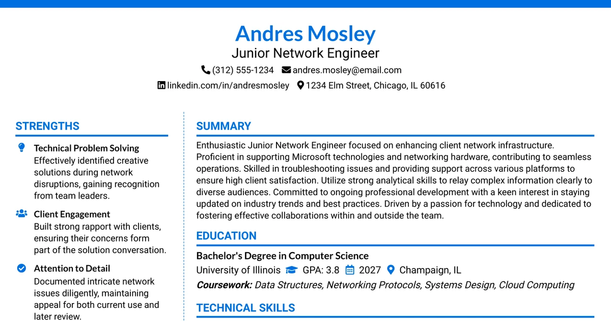 33 Junior Network Engineer Resume Templates with Example 2026 (ATS-Optimized)
