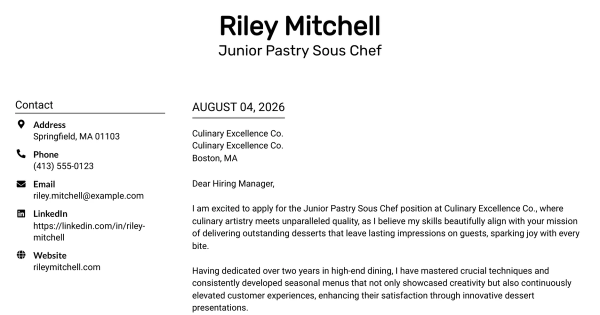 30+ Junior Pastry Sous Chef Cover Letter Templates with Example 2026