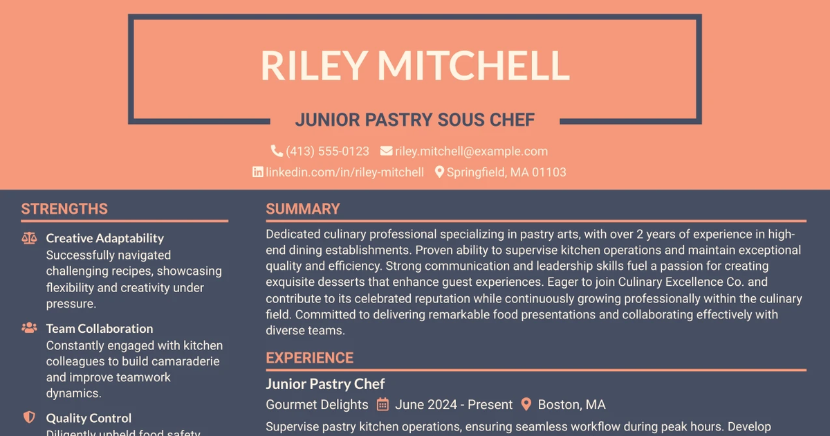 33 Junior Pastry Sous Chef Resume Templates with Example 2026 (ATS-Optimized)