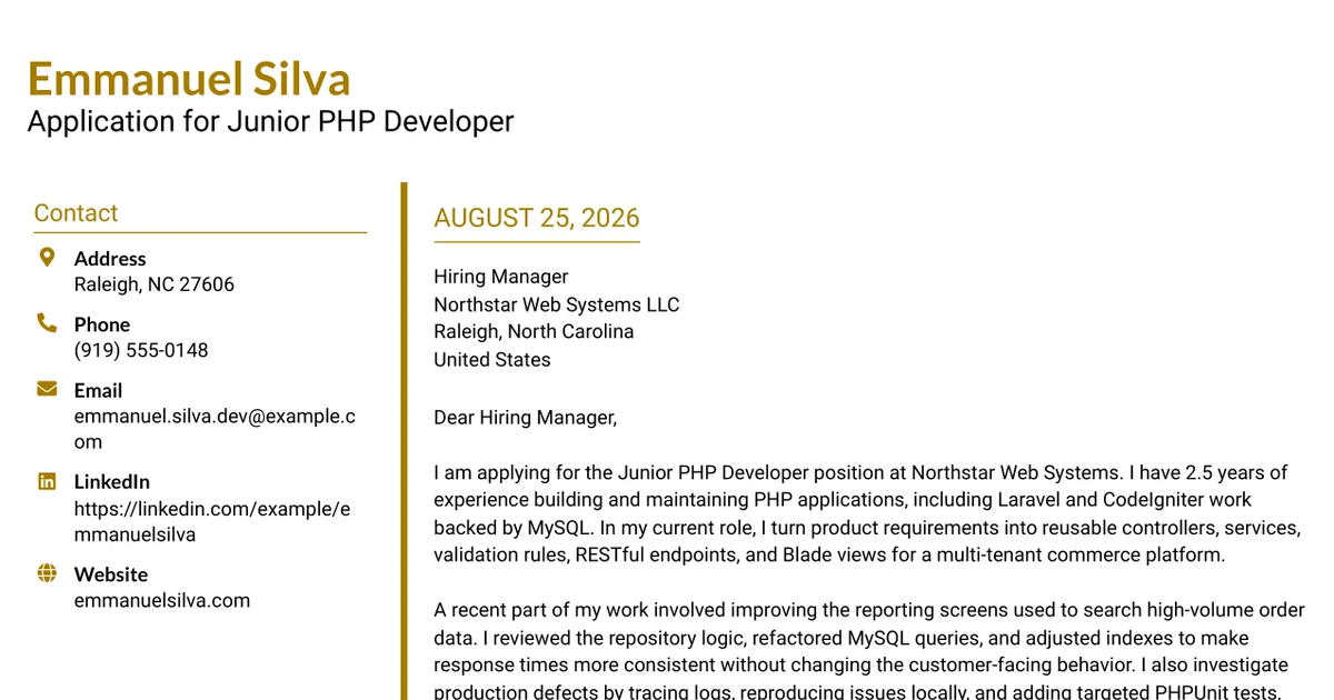 30+ Junior PHP Developer Cover Letter Templates with Example 2026