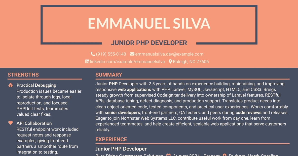 33 Junior PHP Developer Resume Templates with Example 2026 (ATS-Optimized)