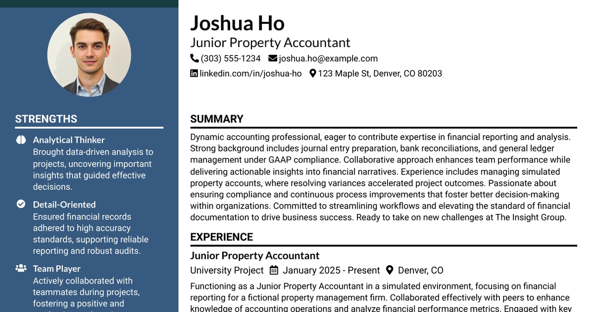 33 Junior Property Accountant Resume Templates with Example 2026 (ATS-Optimized)