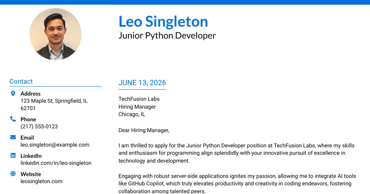 30+ Junior Python Developer Cover Letter Templates with Example 2026