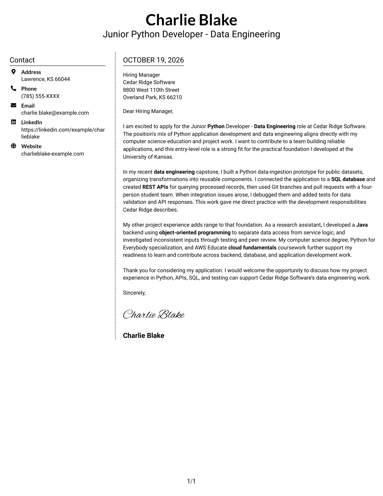 Cover letter example — page 1