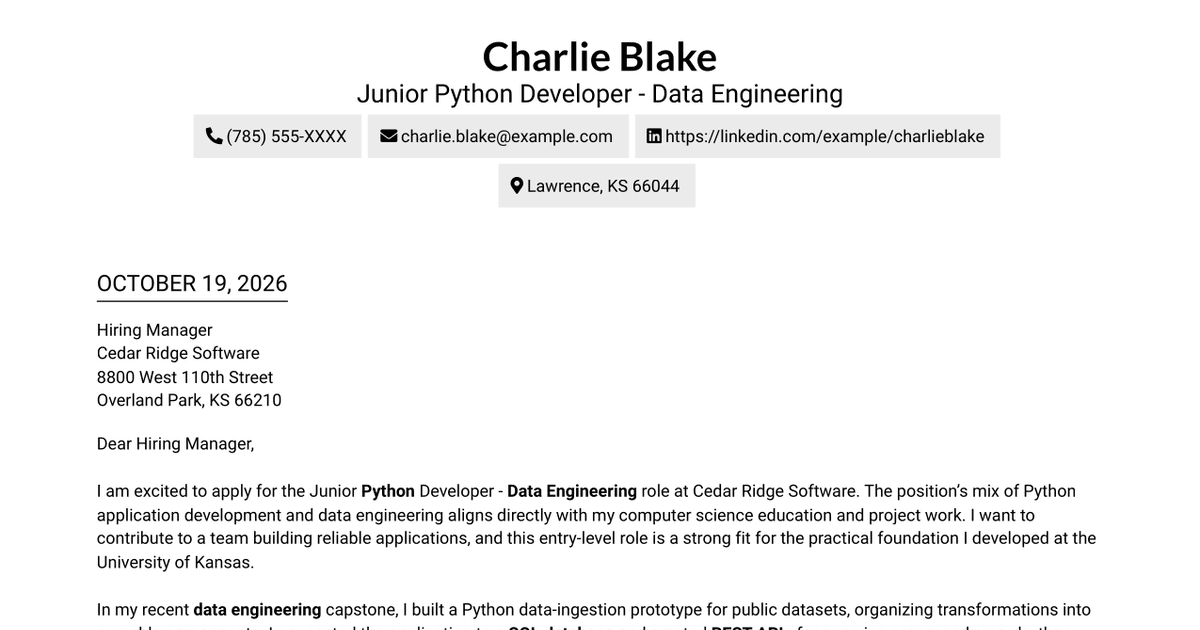 7 Junior Python Developer - Data Engineering Cover Letter Templates with Example