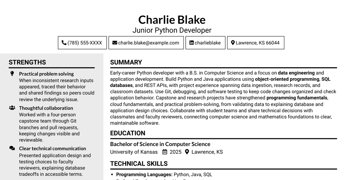7 Junior Python Developer - Data Engineering Resume Templates with Example