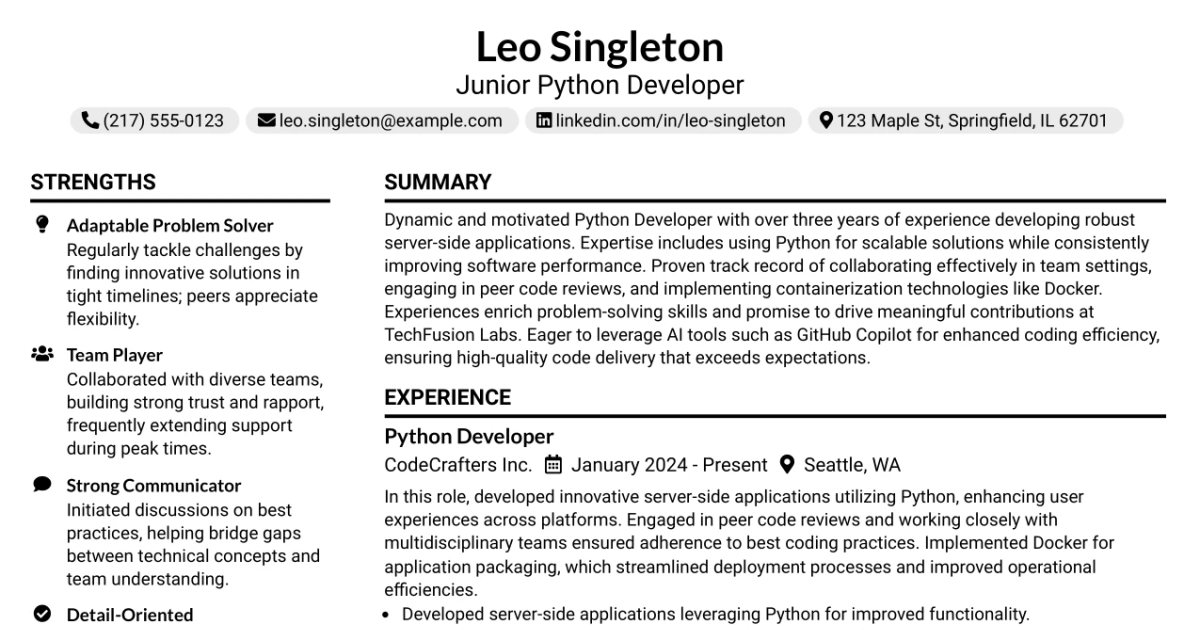 33 Junior Python Developer Resume Templates with Example 2026 (ATS-Optimized)
