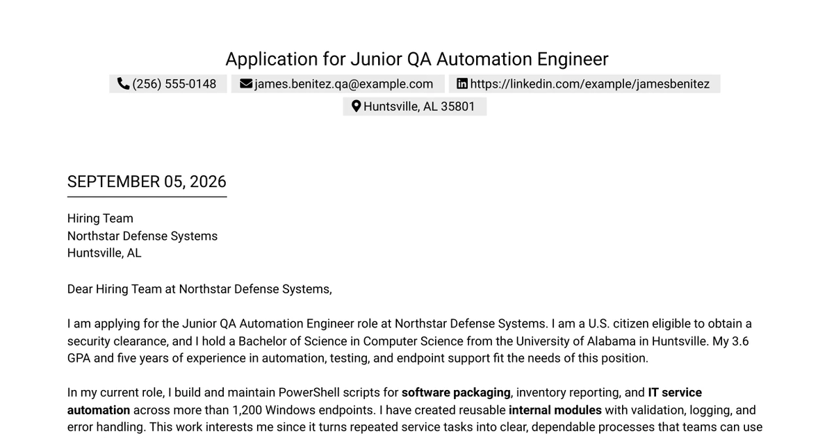 30+ Junior QA Automation Engineer Cover Letter Templates with Example 2026