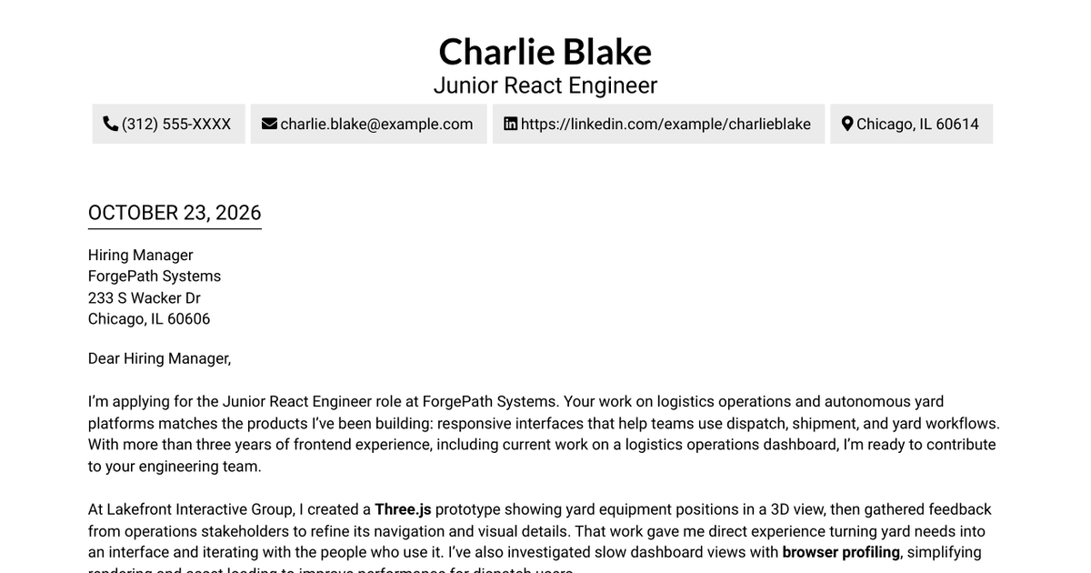 7 Junior React Engineer - Logistics and Yard Systems Cover Letter Templates with Example