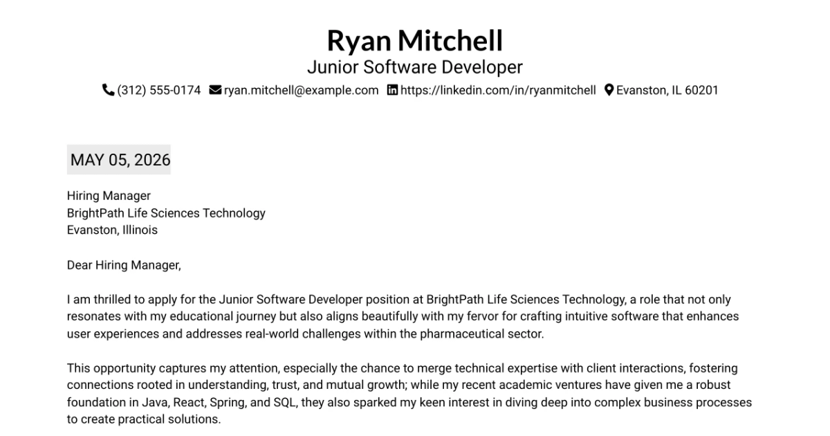 30+ Junior Software Developer Cover Letter Templates with Example 2026