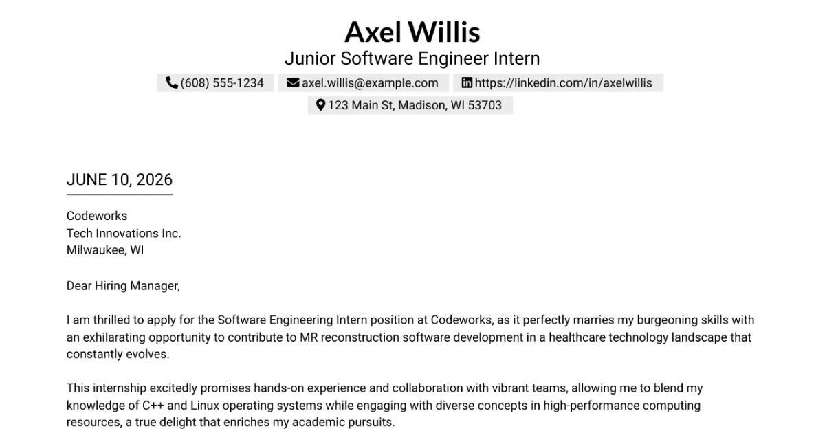 30+ Junior Software Engineer Intern Cover Letter Templates with Example 2026