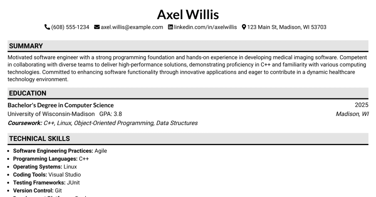 33 Junior Software Engineer Intern Resume Templates with Example 2026 (ATS-Optimized)