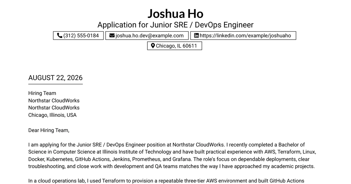 30+ Junior SRE / DevOps Engineer Cover Letter Templates with Example 2026