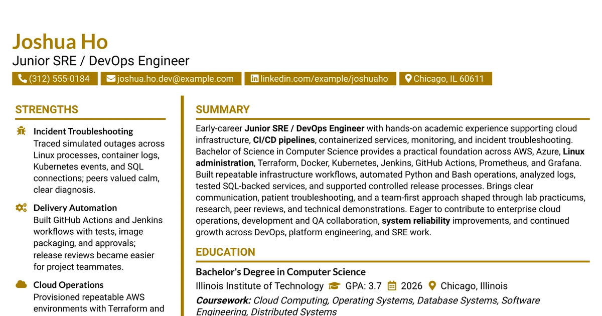 33 Junior SRE / DevOps Engineer Resume Templates with Example 2026 (ATS-Optimized)