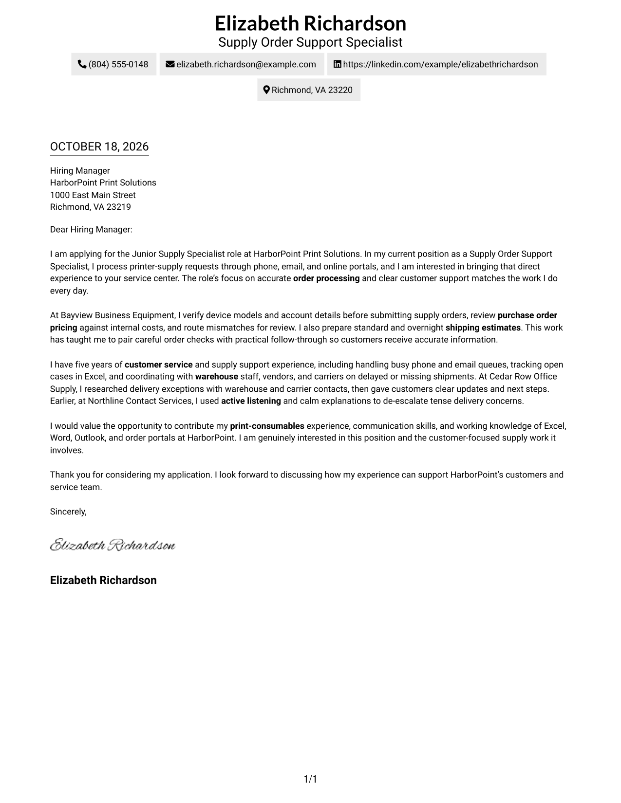 Cover letter example — page 1