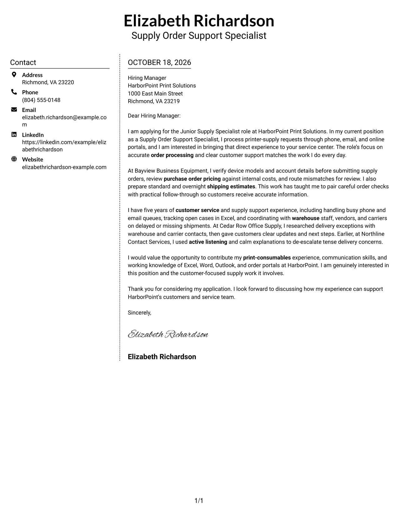 Cover letter example — page 1